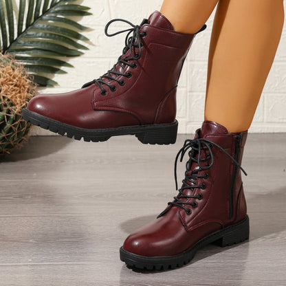 Damen Schnürstiefeletten Burgund mit Reißverschluss und Profilsohle