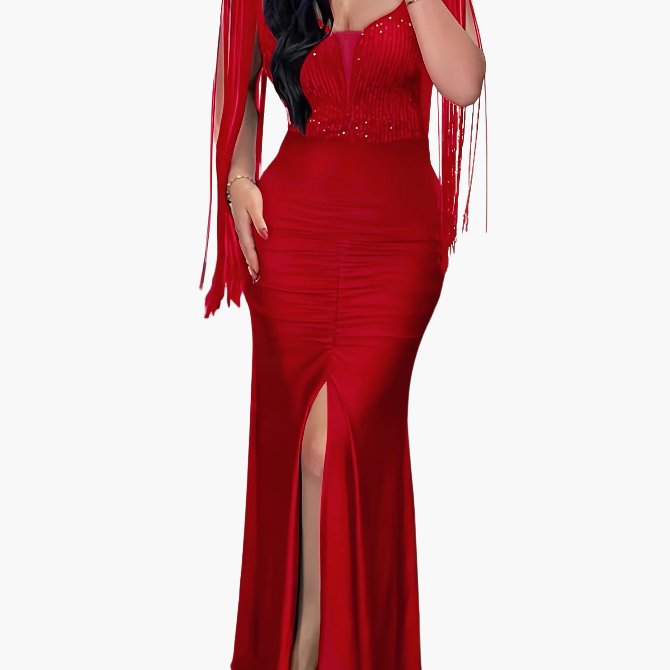 Damen Elegantes Abendkleid mit Fransen und Schlitz – Perfekt für festliche Anlässe