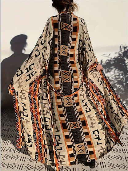 Damen Kimono Lang Boho Stil mit Ethno-Muster – Eleganter Überwurf für Strand, Zuhause & Freizeit
