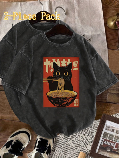 Damen Vintage T-Shirt mit Katze und Ramen-Nudeln – Lustiges Grafikshirt für Alltag und Freizeit