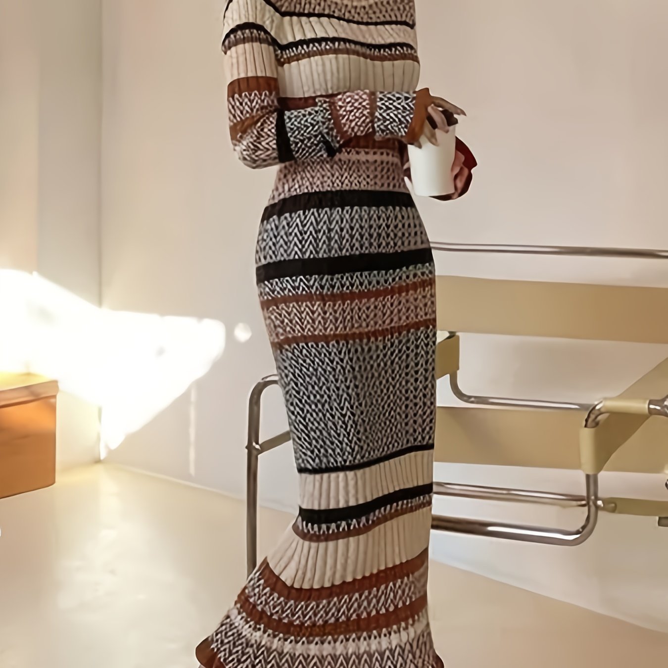 Damen Maxikleid Strickkleid Gemustert Braun Beige Rollkragen Langarm
