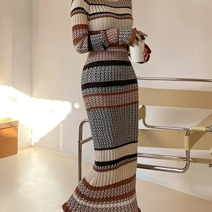 Damen Maxikleid Strickkleid Gemustert Braun Beige Rollkragen Langarm