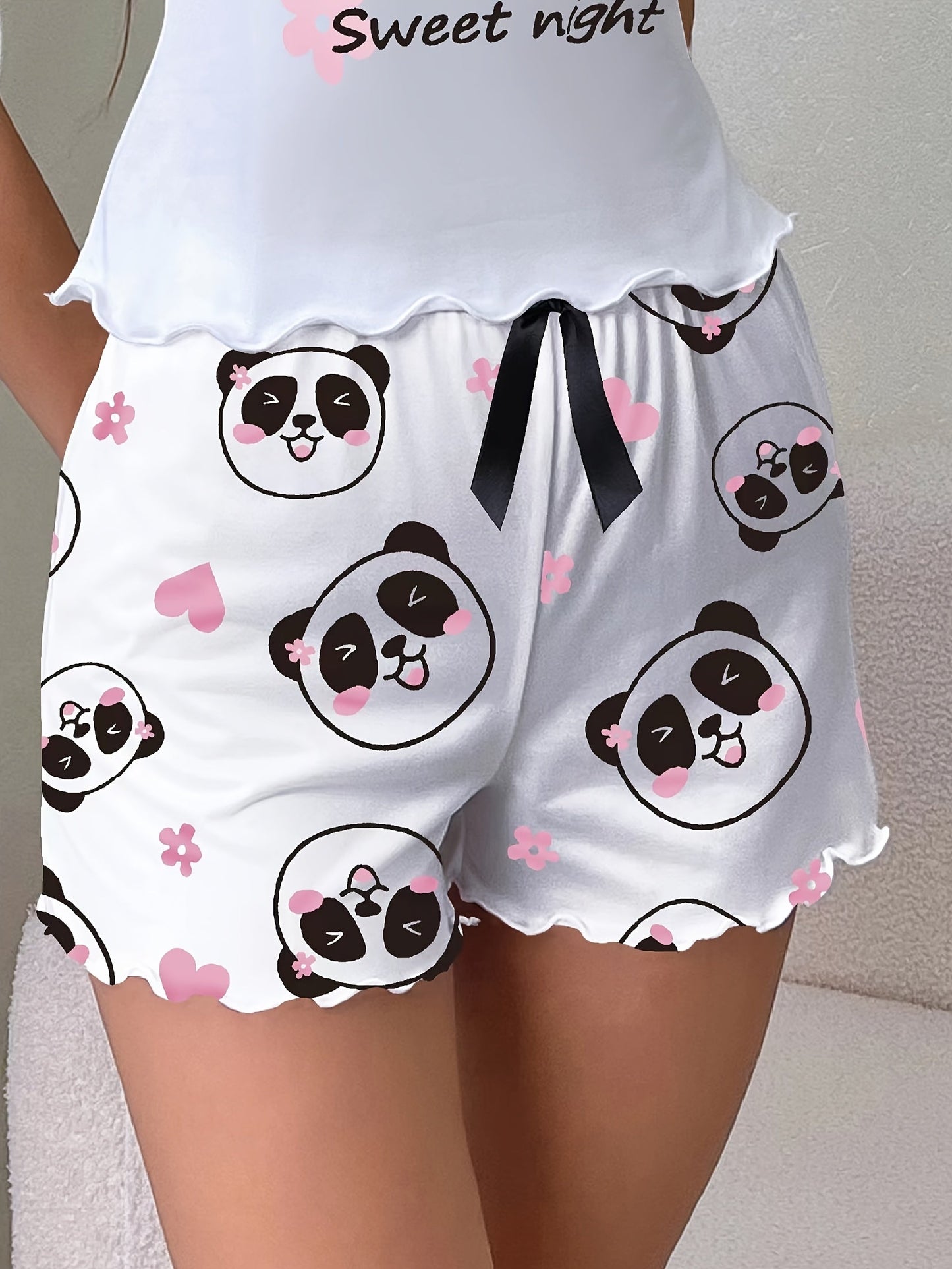 Damen Schlafshorts mit Panda-Motiv und Schleife – Süße Pyjamashorts für gemütliche Nächte