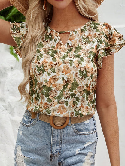 Damen Blusenshirt mit Blumenmuster und Volantärmeln – Sommerlich, Elegant, Freizeit & Alltag