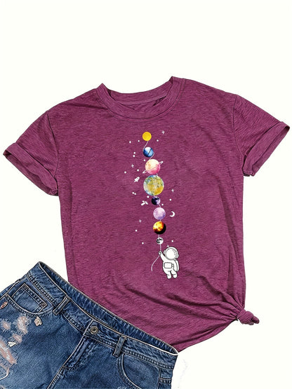 Damen T-Shirt mit Astronaut und Planeten Grafik – Stilvolles Freizeitshirt für Weltraumfans