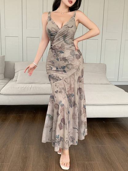 Damen Elegantes Maxikleid mit Blumenmuster und V-Ausschnitt für besondere Anlässe