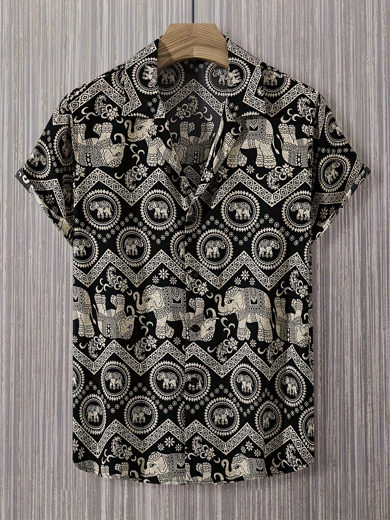 Herren Resorthemd mit Elefanten- und Mandala-Muster, Kurzarm, Boho-Stil für Freizeit und Urlaub