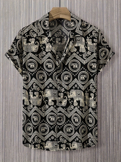 Herren Resorthemd mit Elefanten- und Mandala-Muster, Kurzarm, Boho-Stil für Freizeit und Urlaub