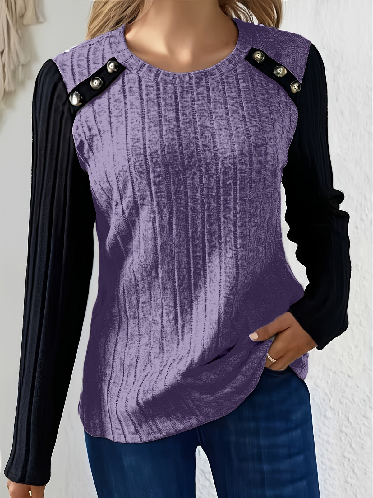 Damen Langarmshirt Gerippt Kontrastärmel Knopfdetails Rundhals