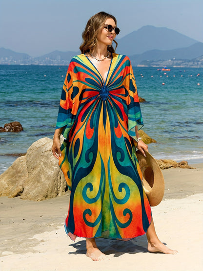 Damen Kaftan Maxi Strandkleid mit Batikmuster – Boho Überwurf für Urlaub & Strand
