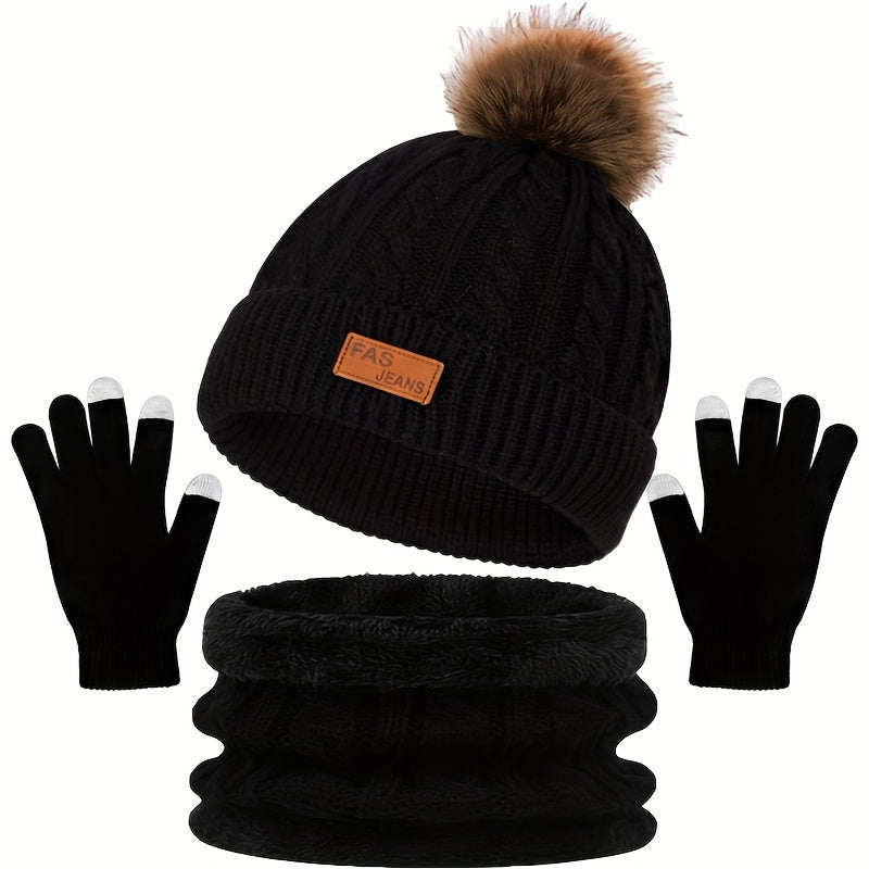 Wintermützen Set Strickmütze Beanie Pompon Schal Handschuhe Touchscreen