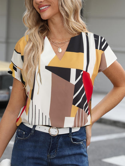 Damen Vintage Bluse mit geometrischem Muster, V-Ausschnitt, ideal für Büro und Freizeit