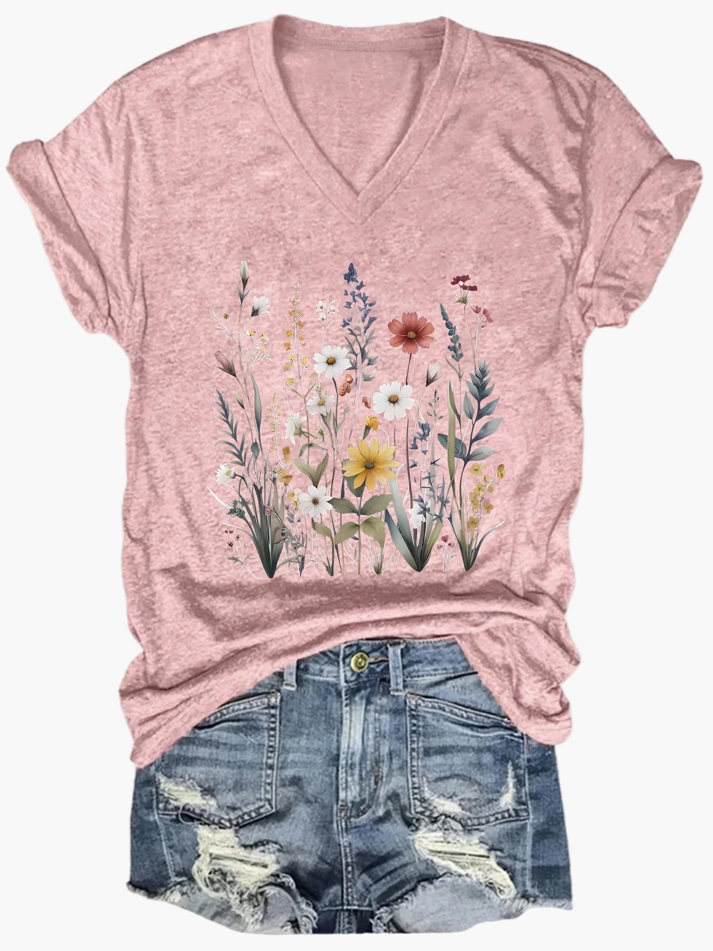Damen Vintage Blumen T-Shirt mit V-Ausschnitt – Lässiges Sommer Oberteil im Boho-Stil