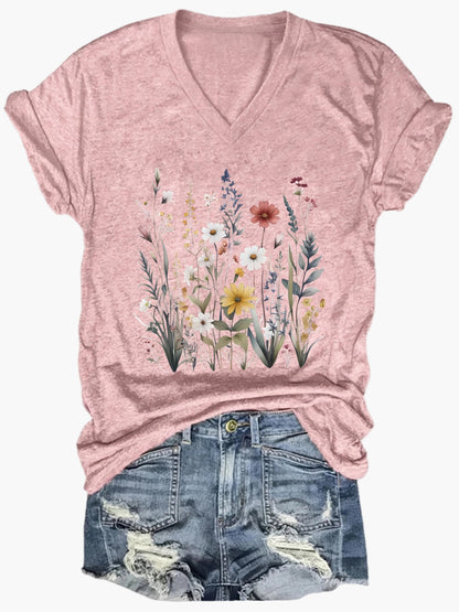 Damen Vintage Blumen T-Shirt mit V-Ausschnitt – Lässiges Sommer Oberteil im Boho-Stil