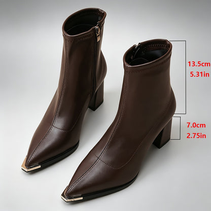 Damen Stiefeletten Spick Zehen Blockabsatz Braun Schwarz