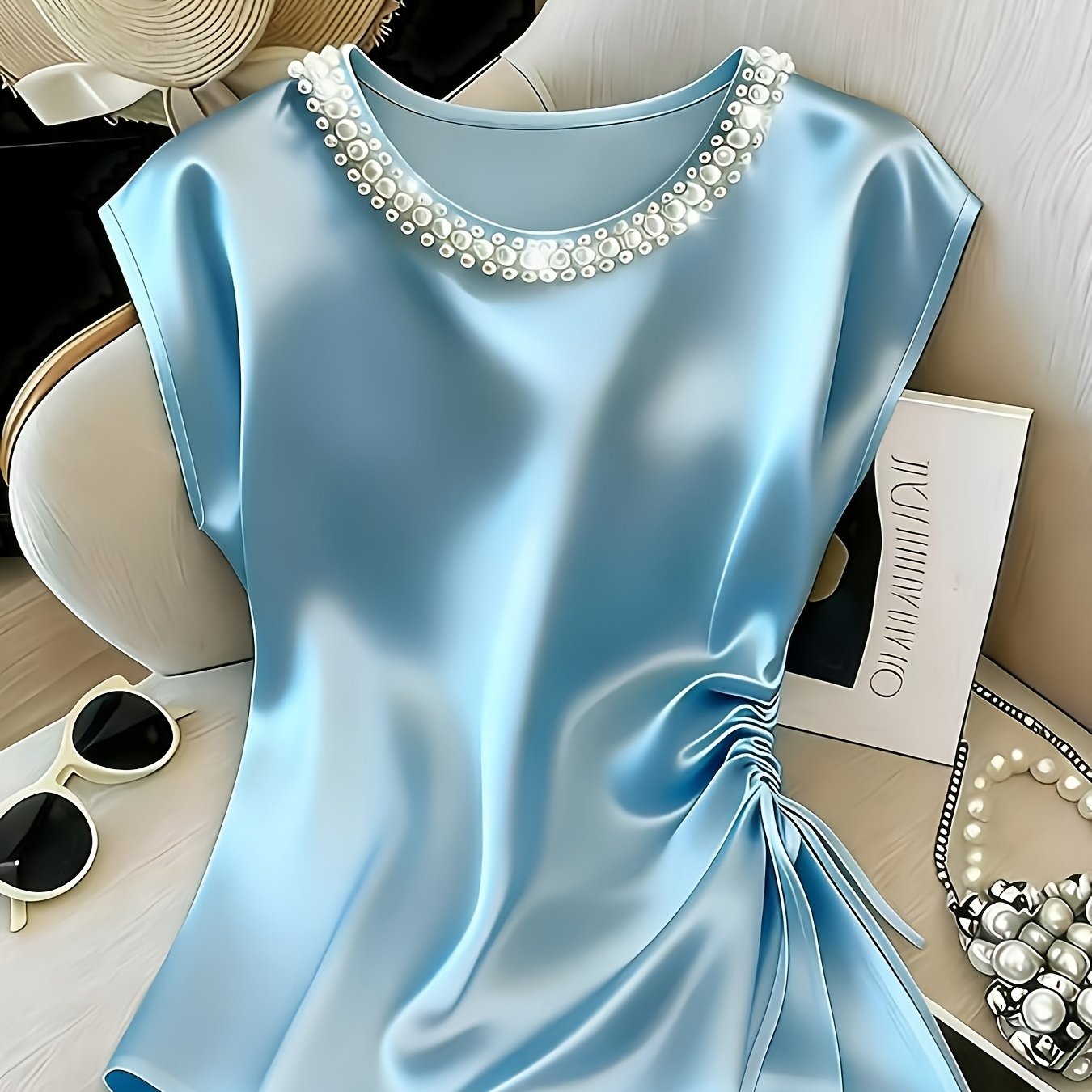 Damen Elegante Bluse mit Perlenkragen und Raffungsdetail – Stilvolles Kurzarm-Oberteil für festliche Anlässe oder Büro