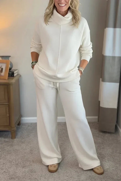 Damen Lounge Set Rollkragen Pullover & Weite Bein Hose Freizeitanzug