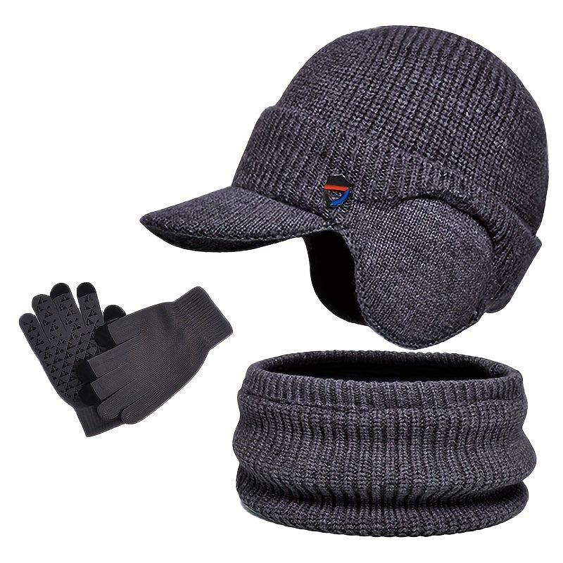 Unisex Winter Set Strickmütze mit Visier und Ohrenklappen, Rundschal und Handschuhe