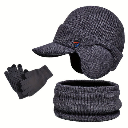 Unisex Winter Set Strickmütze mit Visier und Ohrenklappen, Rundschal und Handschuhe