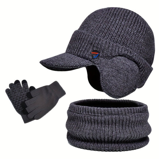 Unisex Winter Set Strickmütze mit Visier und Ohrenklappen, Rundschal und Handschuhe