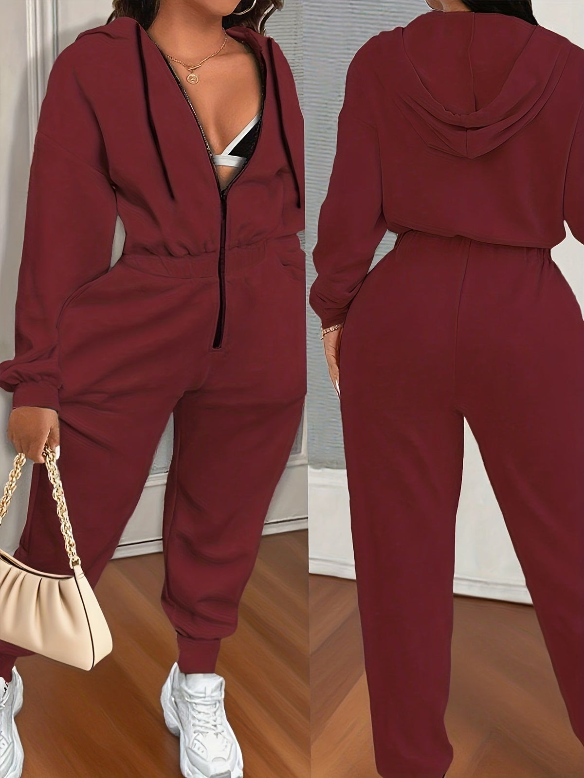 Damen Jumpsuit mit Kapuze Reißverschluss und elastischer Taille – Einteiler Freizeitanzug