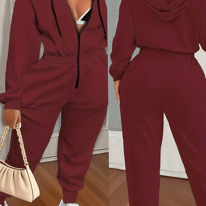 Damen Jumpsuit mit Kapuze Reißverschluss und elastischer Taille – Einteiler Freizeitanzug