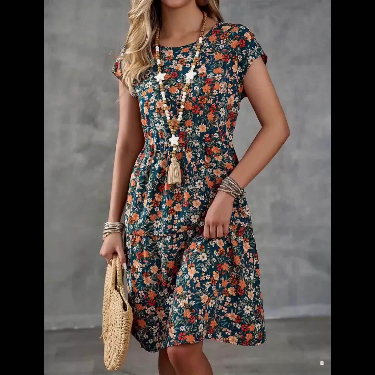 Damen Sommerkleid im Blumenmuster – Freizeit & Urlaub, Knielang, Kurzarm