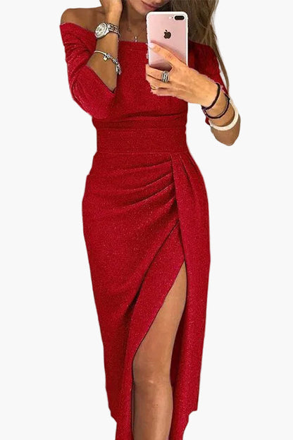 Damen Schulterfreies Partykleid – Elegantes Abendkleid mit Schlitz, Modernes Design für besondere Anlässe