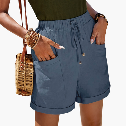 Damen Sommer Shorts mit Hoher Taille, Kordelzug und Taschen – Lässige Strandmode