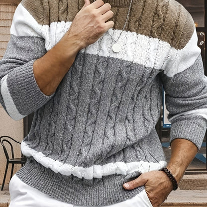 Herren Strickpullover Rundhals Zopfmuster Mehrfarbig