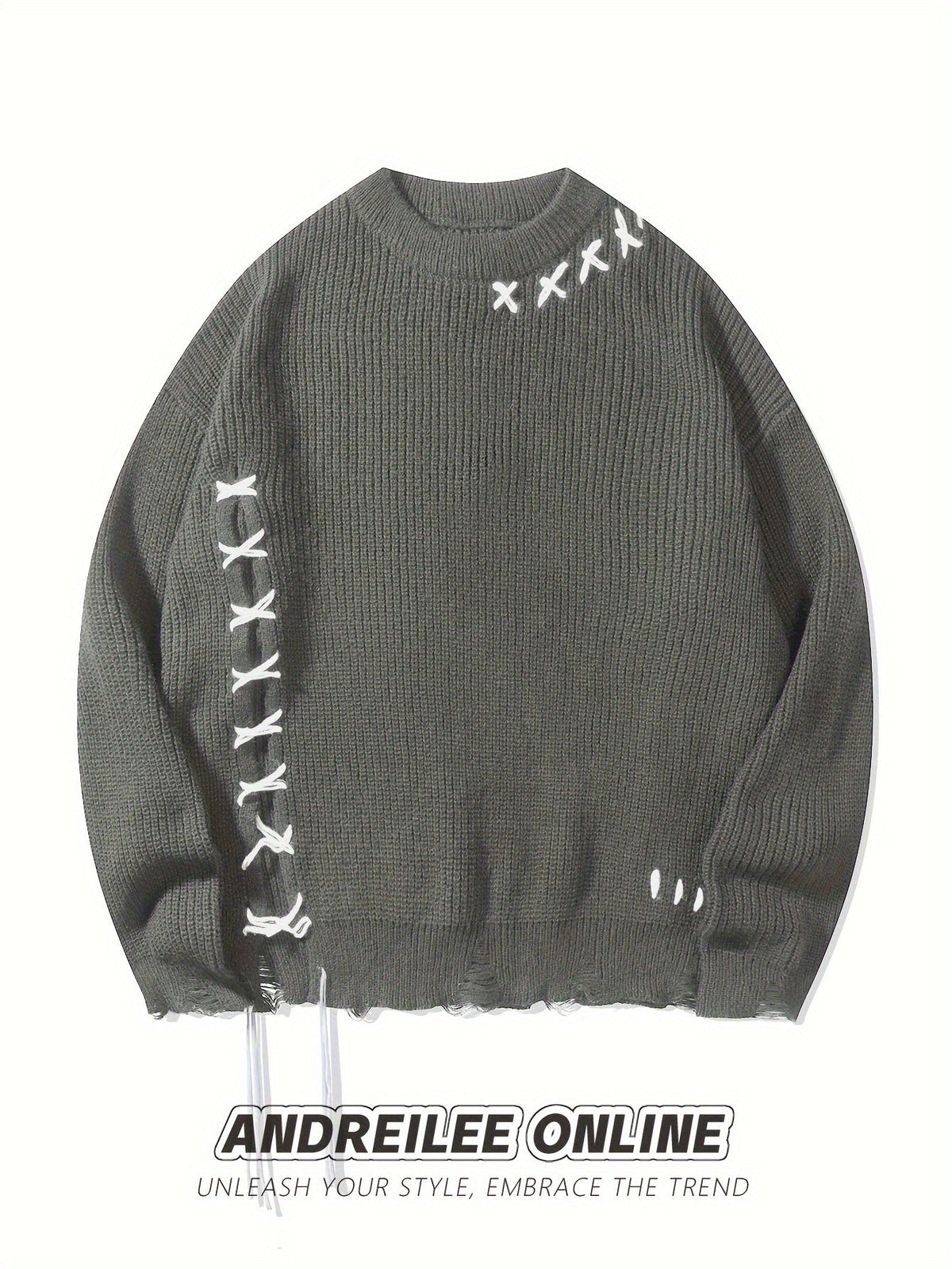 Unisex Strickpullover mit Kreuzstich-Details und Used-Look, Rundhals