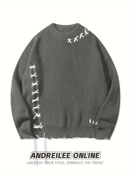 Unisex Strickpullover mit Kreuzstich-Details und Used-Look, Rundhals