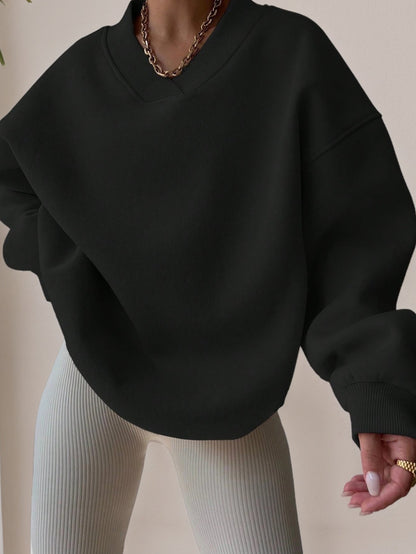 Damen Oversized Pullover Schwarz mit V-Ausschnitt und Rippbündchen