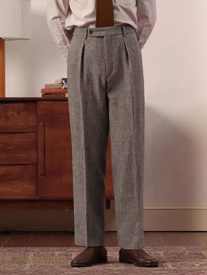 Damen Hose mit Fischgrätmuster Grau Brauner Strickpullover Gürtel Casual Look