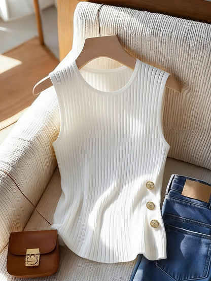 Damen Tanktop mit Rippenstruktur und Zierknöpfen – Stilvolles Basic für Alltag und Freizeit