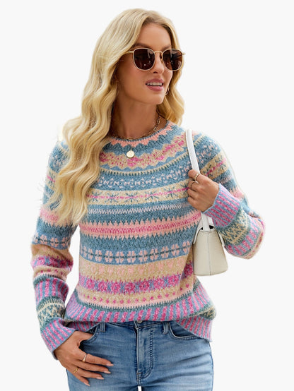 Damen Pullover Eleganter Strick Fair Isle Muster Herbst Winter Freizeit
