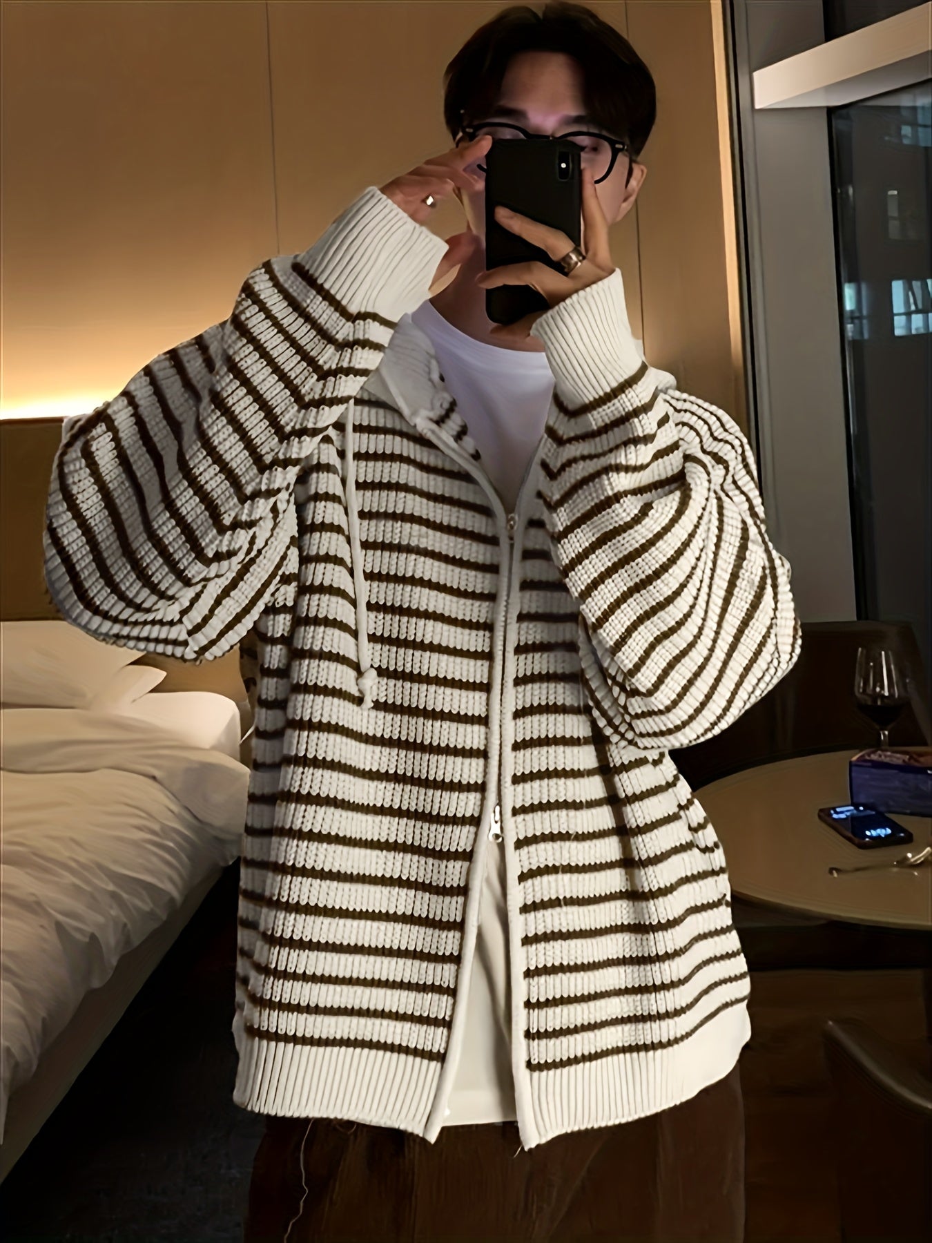 Gestreifter Strick Hoodie Jacke mit Reißverschluss für Herren