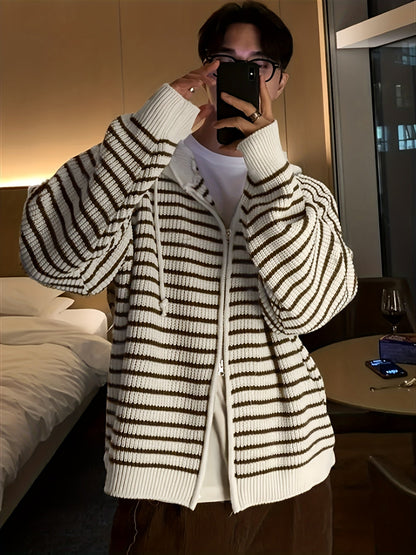 Gestreifter Strick Hoodie Jacke mit Reißverschluss für Herren