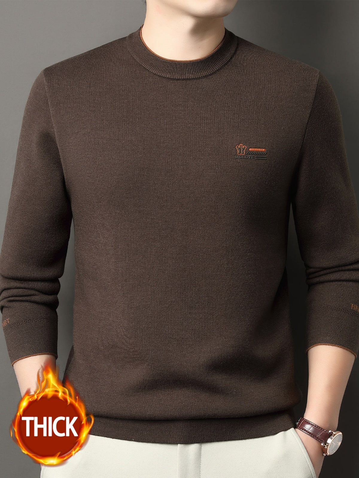 Herren Pullover Rundhals Langarm Strickpullover Warmgefüttert mit Rippbündchen