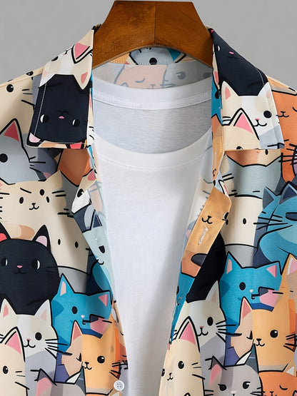 Herren Freizeithemd mit Katzen-Print – Kurzarm, Lustiges Design, Perfekt für Alltag & Party