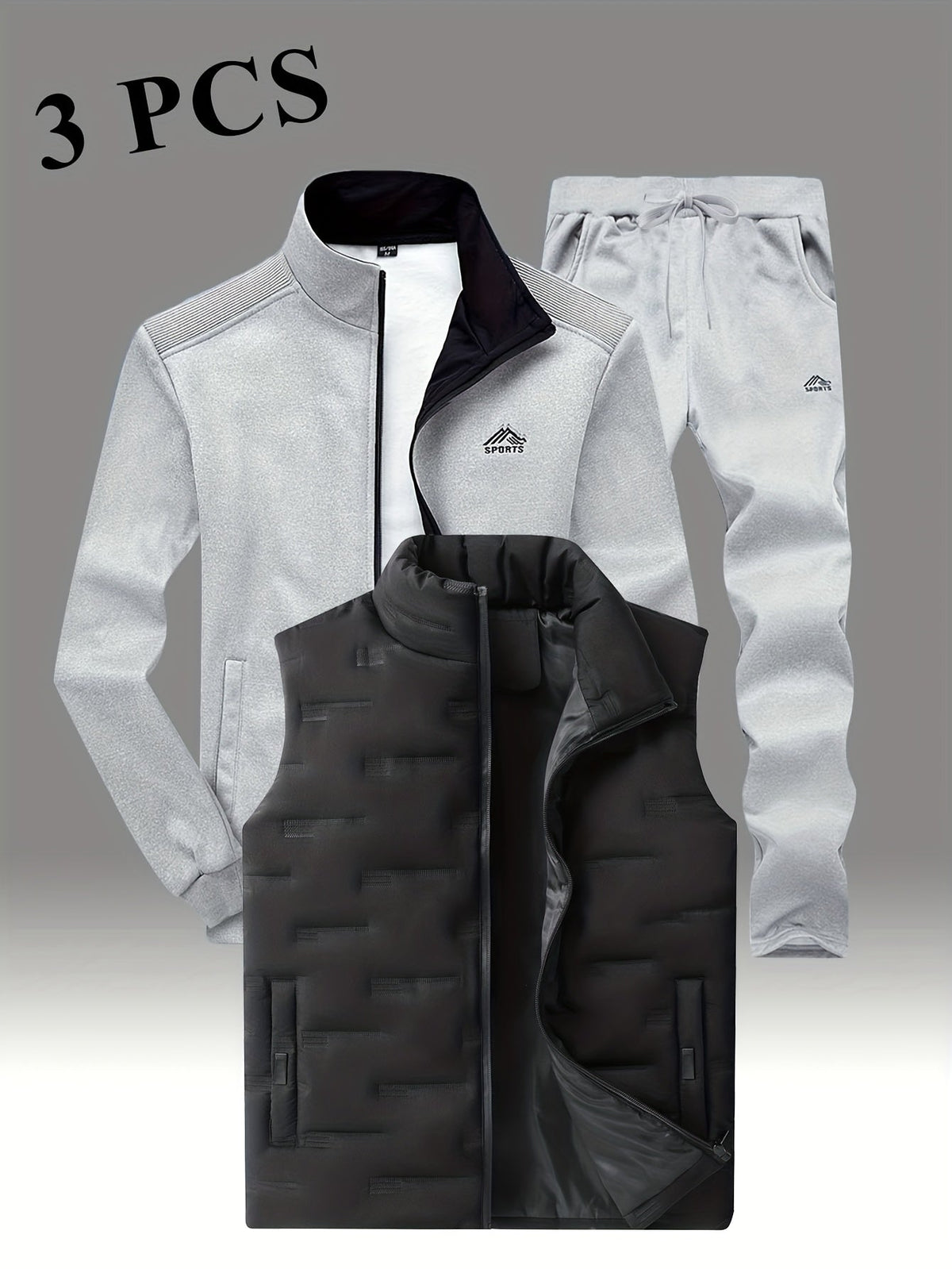 Herren 3-teiliger Sportanzug mit Stehkragen Jacke, Jogginghose & Steppweste