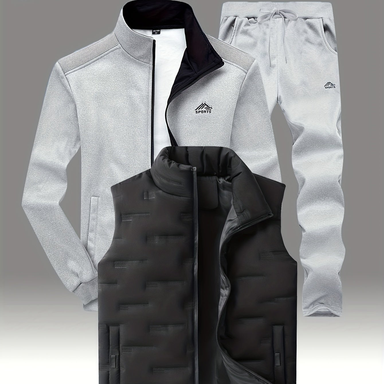 Herren 3-teiliger Sportanzug mit Stehkragen Jacke, Jogginghose & Steppweste