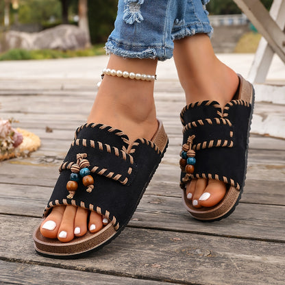 Damen Boho Pantoletten mit Perlendetails – Bequeme Sommerschuhe für Freizeit und Urlaub