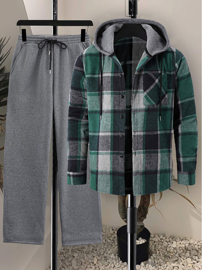Herren Kariertes Hemd mit Kapuze und Unifarbene Jogginghose Set