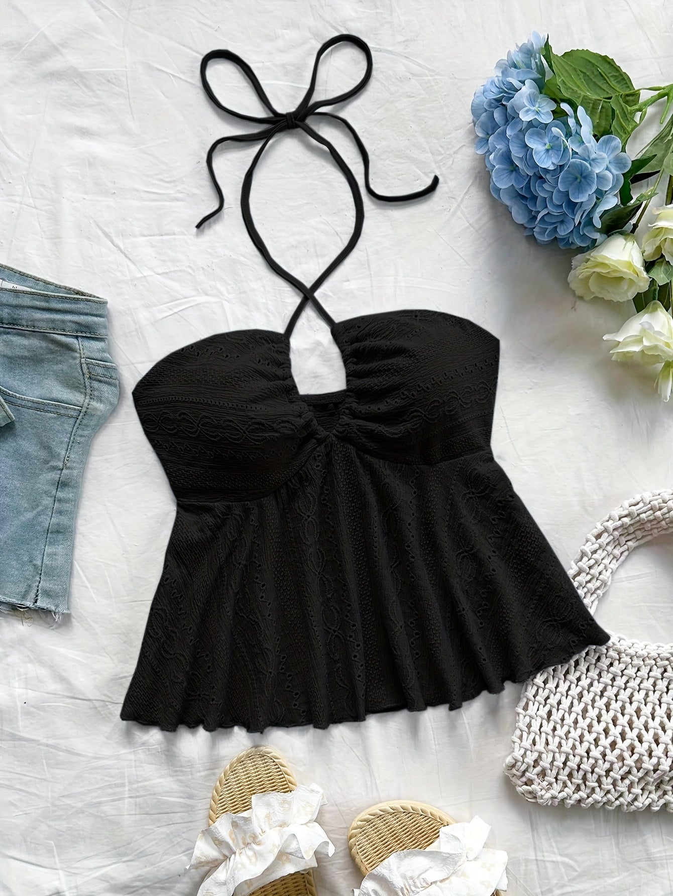 Damen Halter Babydoll Top mit Stickerei und Vintage-Charme – Verspieltes Sommertop