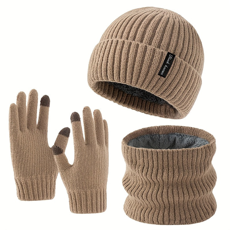 Winterset Gerippt: Strickmütze, Loop Schal & Touchscreen Handschuhe für Damen Herren