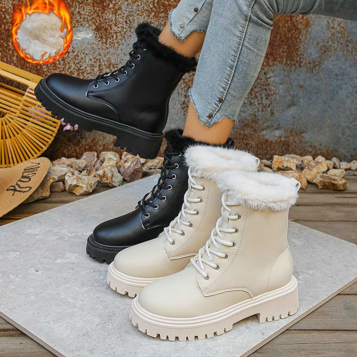 Damen Schnürstiefel mit Kunstfellbesatz und Profilsohle