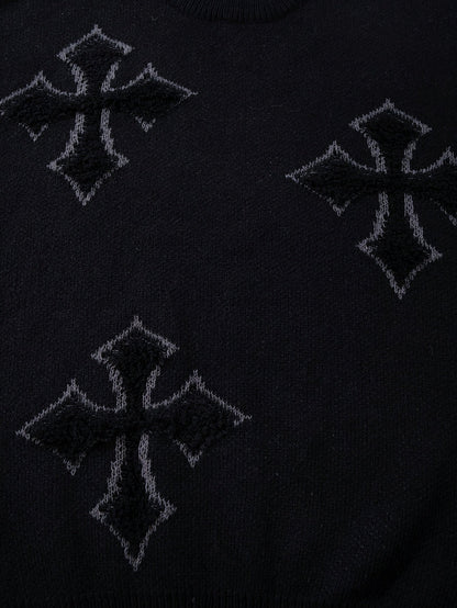 Pullover mit Kreuzmuster Schwarz Strick Rundhalsausschnitt Langarm