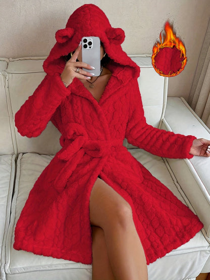 Damen Bademantel Flauschig mit Kapuze & Ohren Bindegürtel Langarm