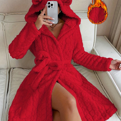 Damen Bademantel Flauschig mit Kapuze & Ohren Bindegürtel Langarm
